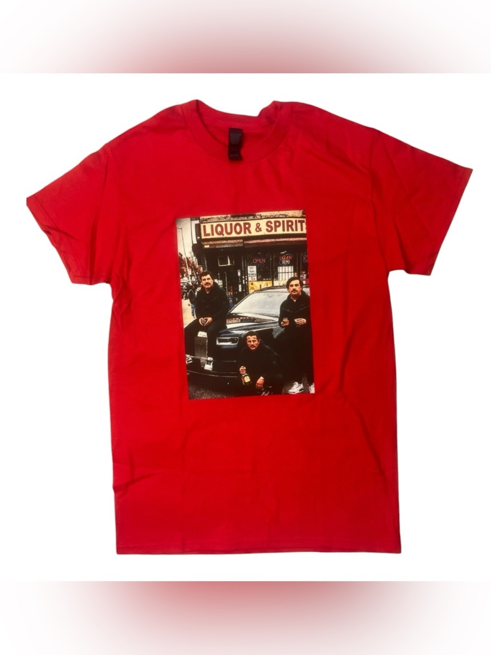 Mob Sz Various Red Graphic Crewneck T-Shirt with Liquor & Spirit Photo Print